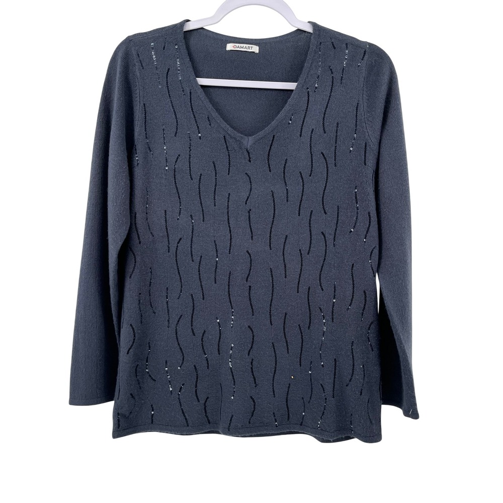 Damart Womens V-Neck‎ Sequin Embellished Sweater Charcoal Blue Size Small 6/8